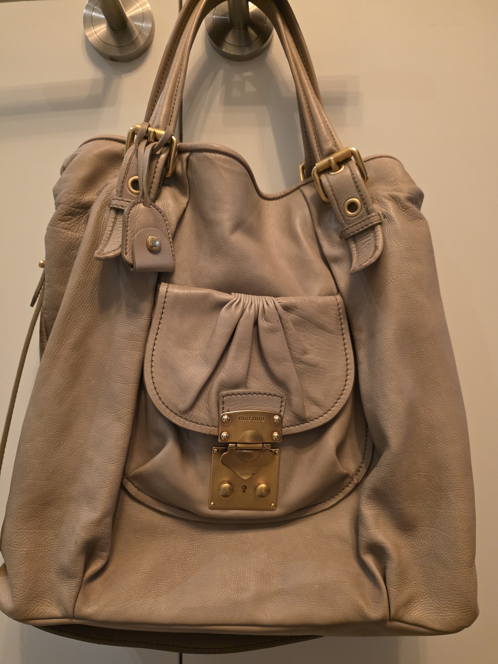 Miu Miu Taupe Leather Coffer Shoulder Bag